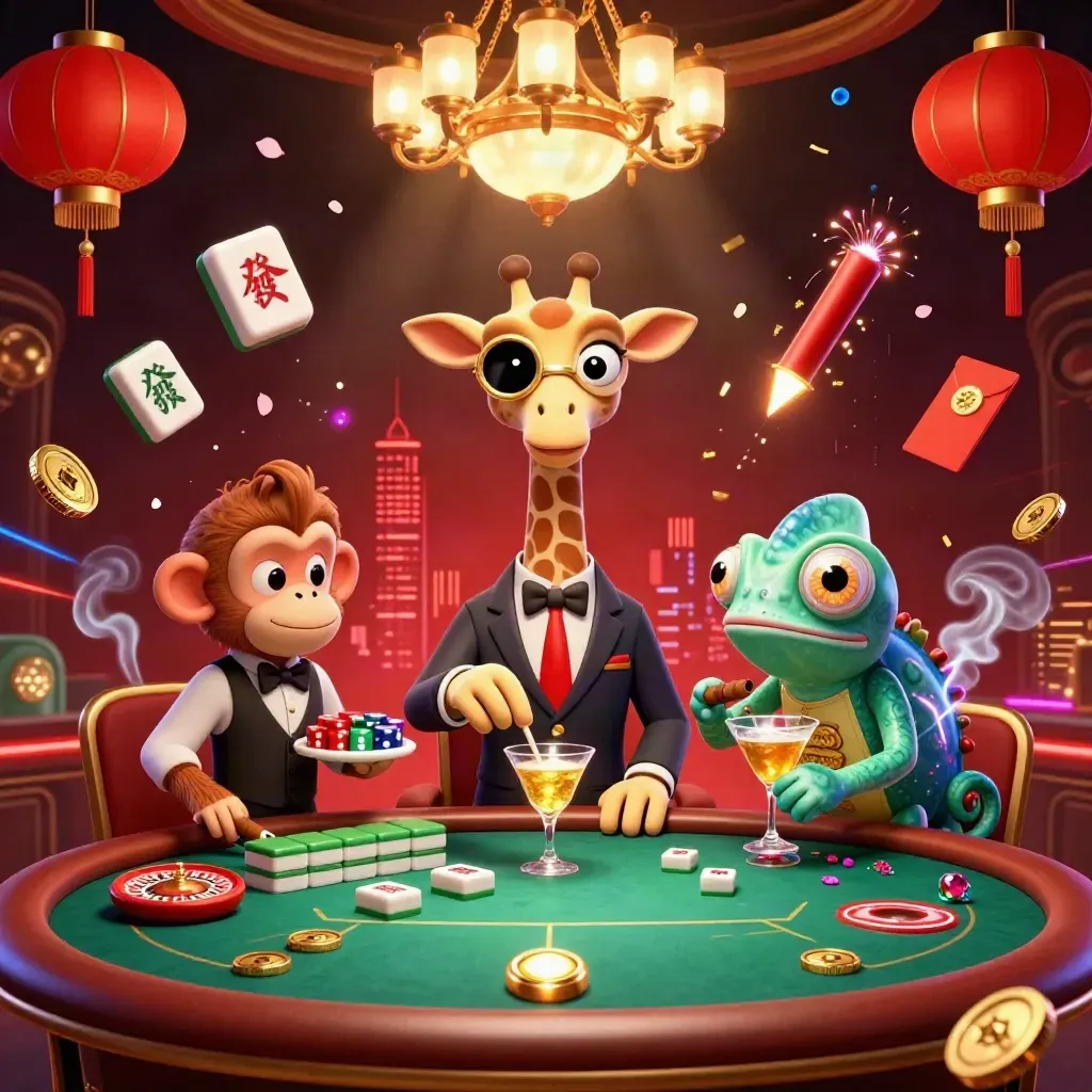 Giraffe high roller, monkey valet, and chameleon bartender in a luxe casino room with lanterns and gold glow.