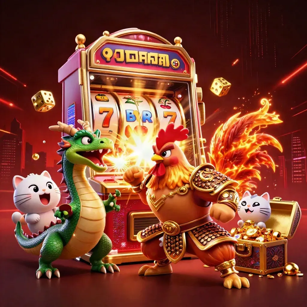 Rooster warrior, dragon hatchling, and fortune-cat amid exploding slots, gold, and neon energy.