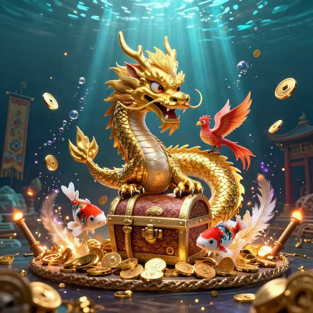 Golden dragon with phoenix and koi amid treasure, coins, and glowing underwater temple light.