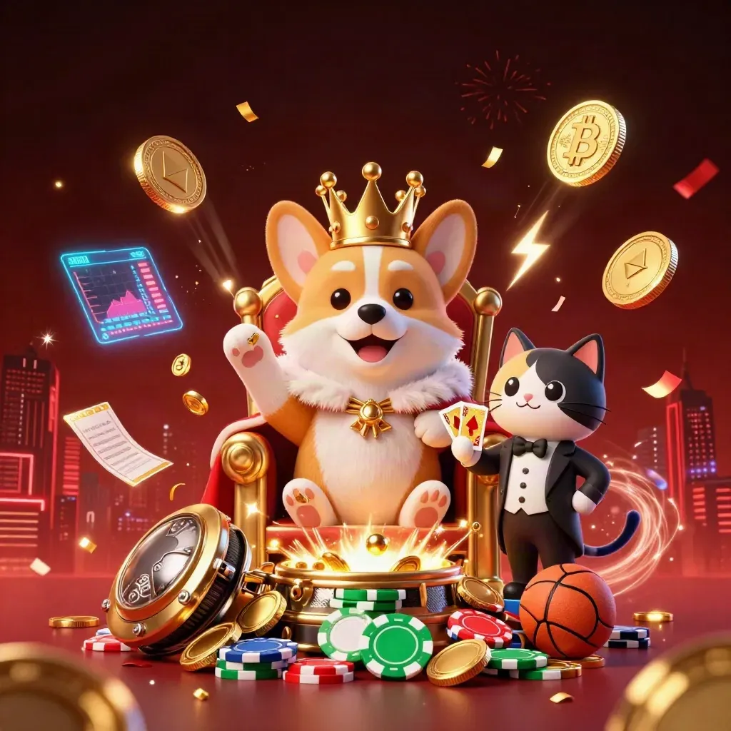 Royal corgi and cat butler amid coins, fireworks, crypto glow, and casino chaos on a dark luxe backdrop.