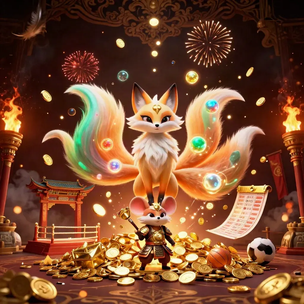 Nine-tailed fox spirit and gold-armoured mouse amid casino treasure, torches and fireworks